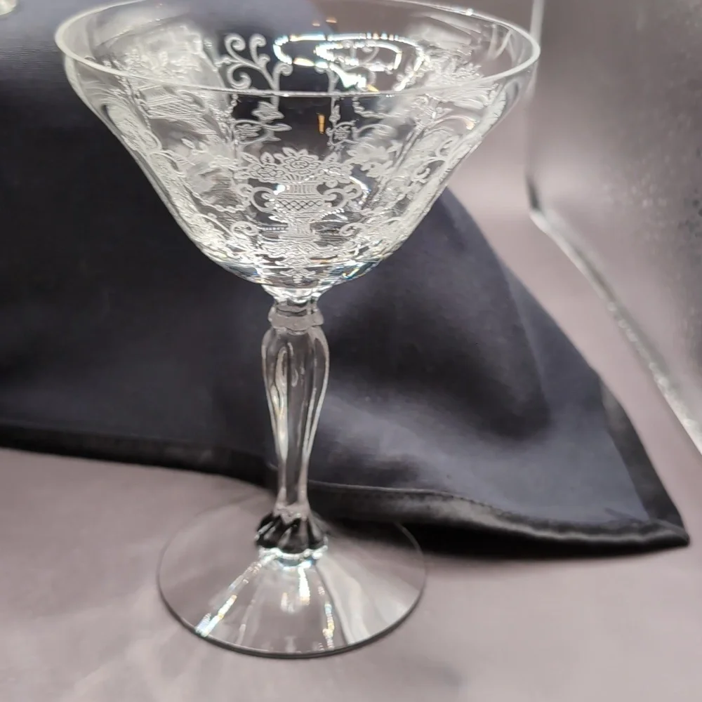 Vintage (4) Fostoria Florentine Etched Crystal Champagne Coupe Glasses 5.5